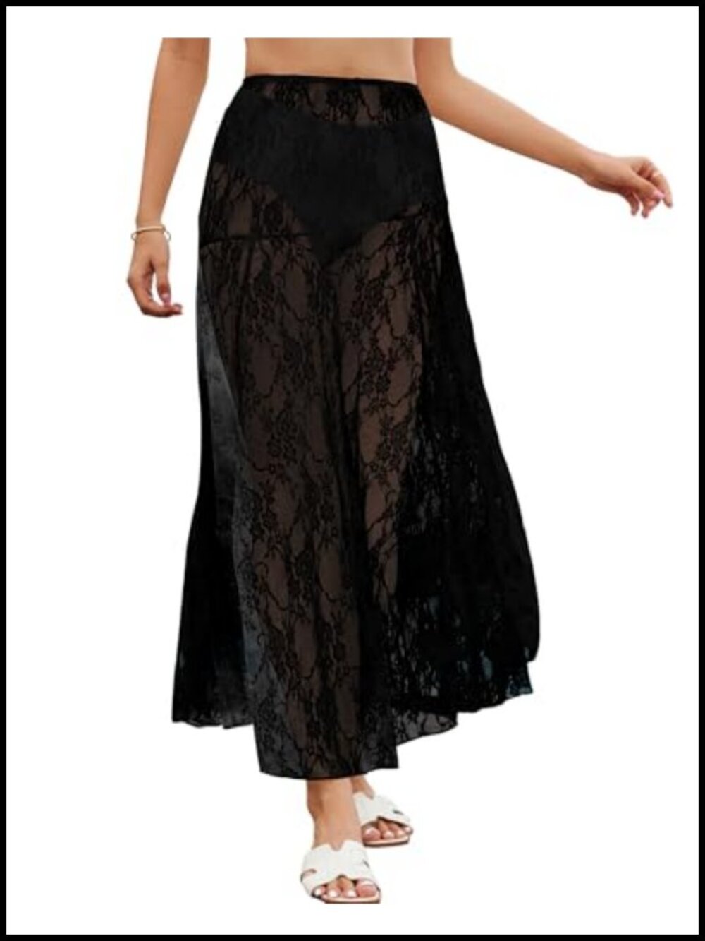 Women's Lace Maxi Skirt Sheer Beach Cover Up Elastic Waist Flowy Long Skirt